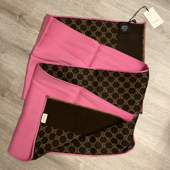 Gucci Accessories - Gucci Pink and Brown GG Supreme Monogram Wool Scarf